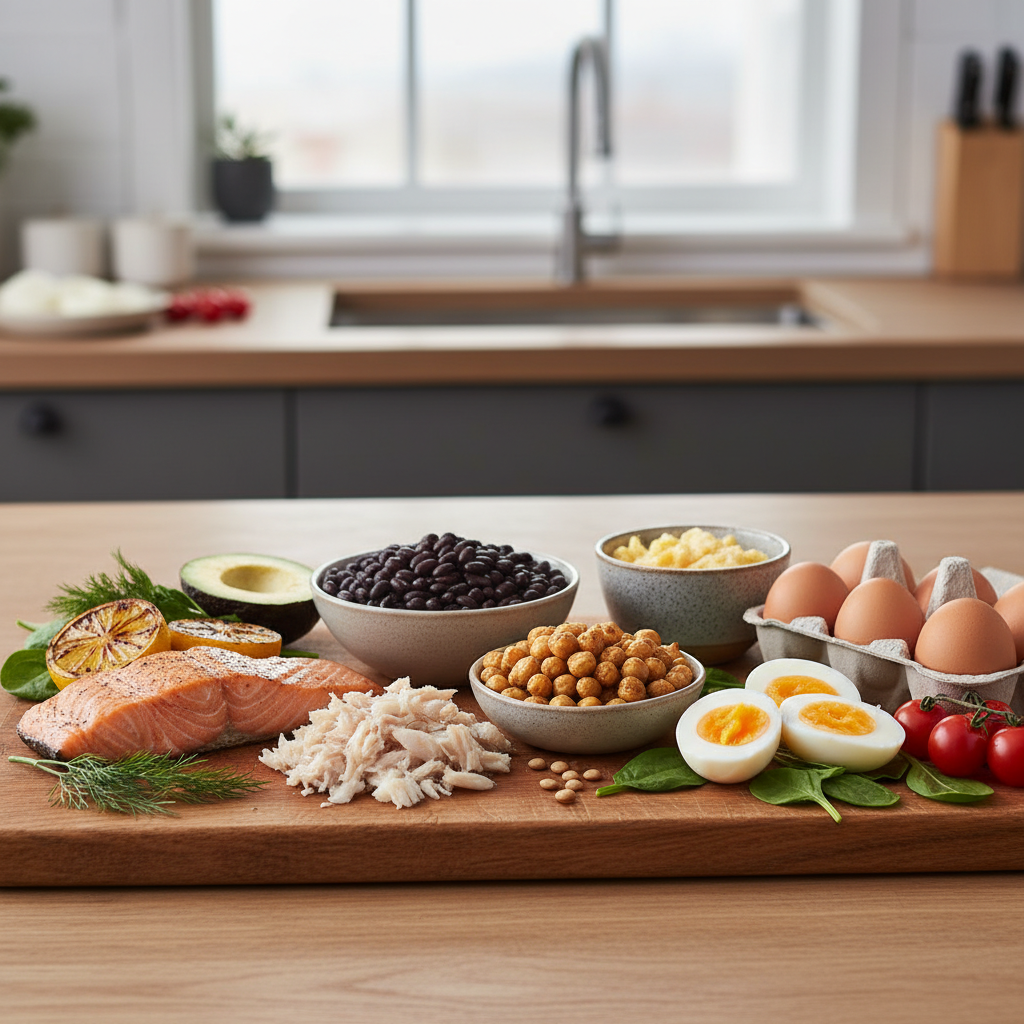 Various lean protein sources including fish, legumes, and eggs arranged on a surface