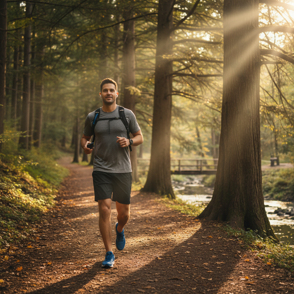 Man walking outdoors on a tree-lined path, representing an active daily lifestyle