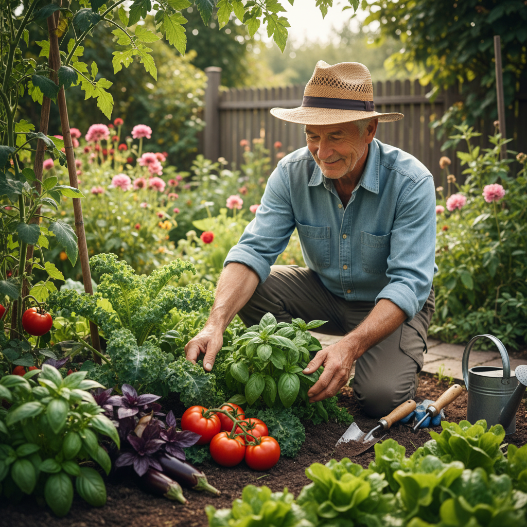Older man gardening outdoors surrounded by fresh vegetables and greenery