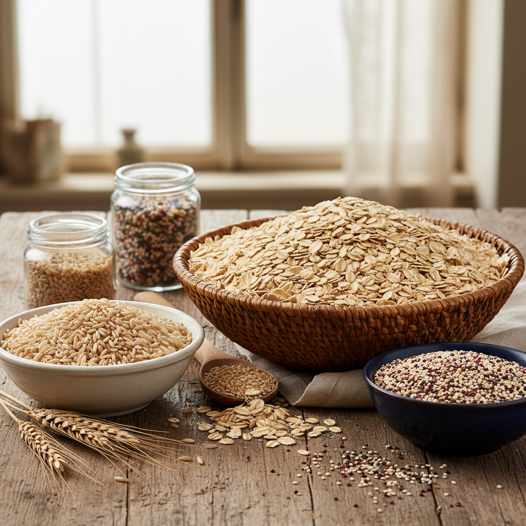 Assortment of whole grain foods including oats, brown rice, and quinoa